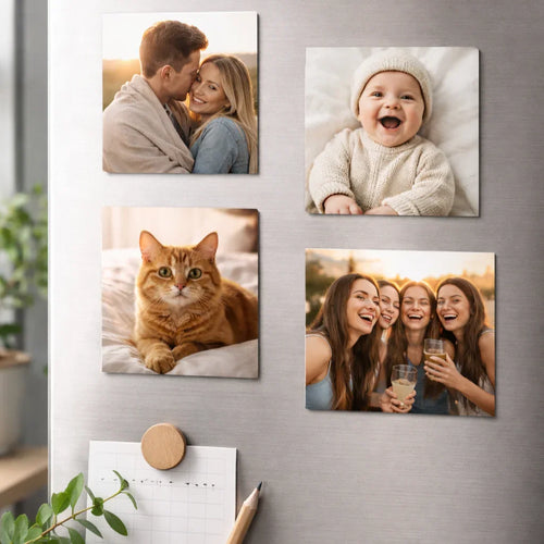 Personalized square photo magnets on a fridge featuring family, friends, baby, and cat photos