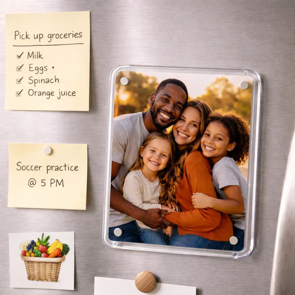 Fridge magnet with a family photo and attached notes on a metallic refrigerator.