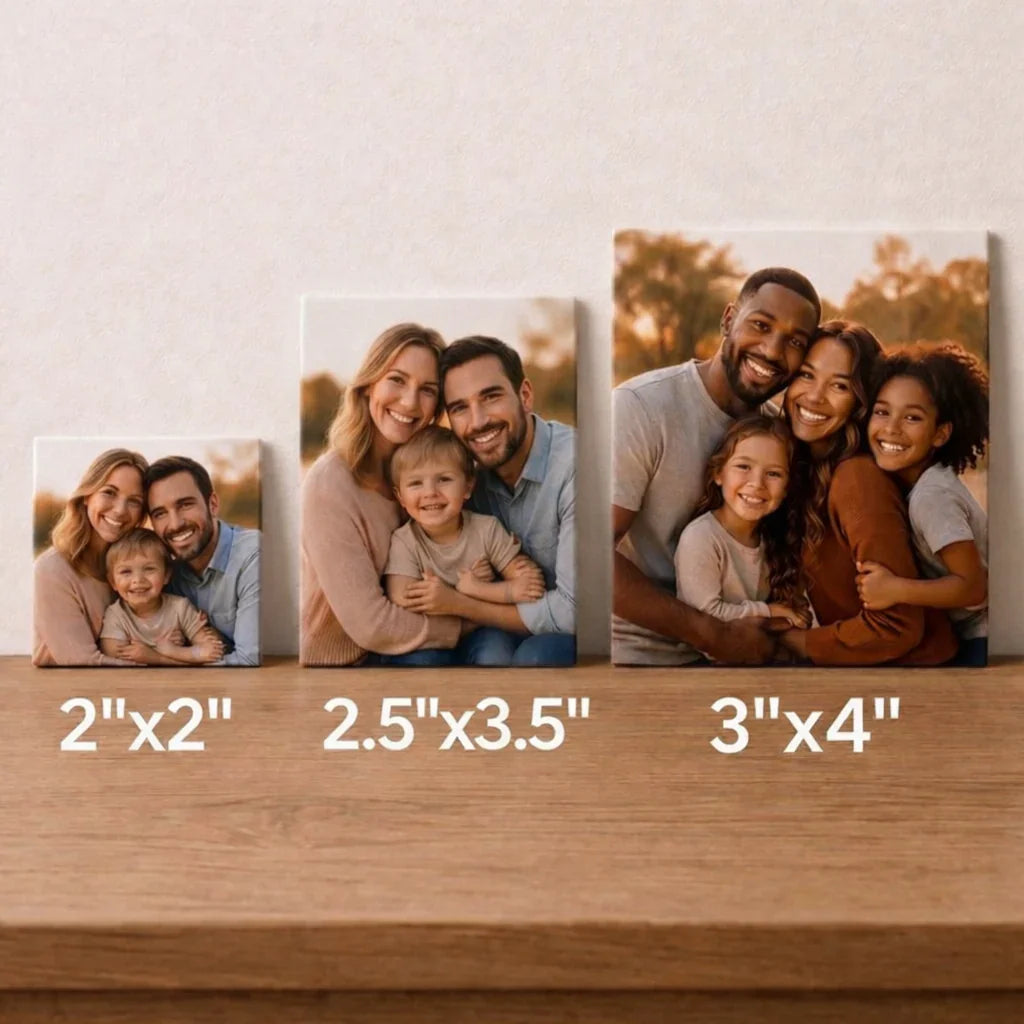 Personalized photo magnets in three sizes featuring smiling families, displayed on a wooden shelf.