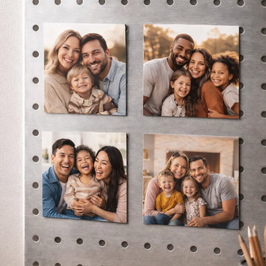 Close-up of four custom photo magnets on metal board, each with smiling families.